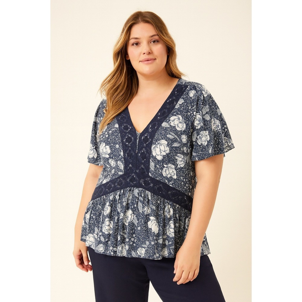 Lane Bryant Illusion Collection Empire Waist Top 18 Blue White Boho Flowy Plus - Picture 2 of 12